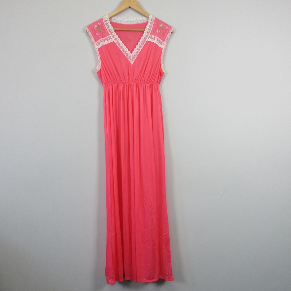 VTG Velrose Slip Dress M Pink Lace Trim Embroidery Sleeveless Night USA 186